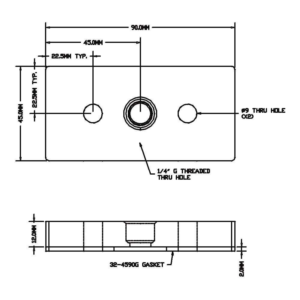 32-459014G-1SS MODULAR SOLUTIONS PNEUMATIC PLATE 45MM X 90MM WITH GASKET 1/4 G THREADED CENTER THRU HOLE